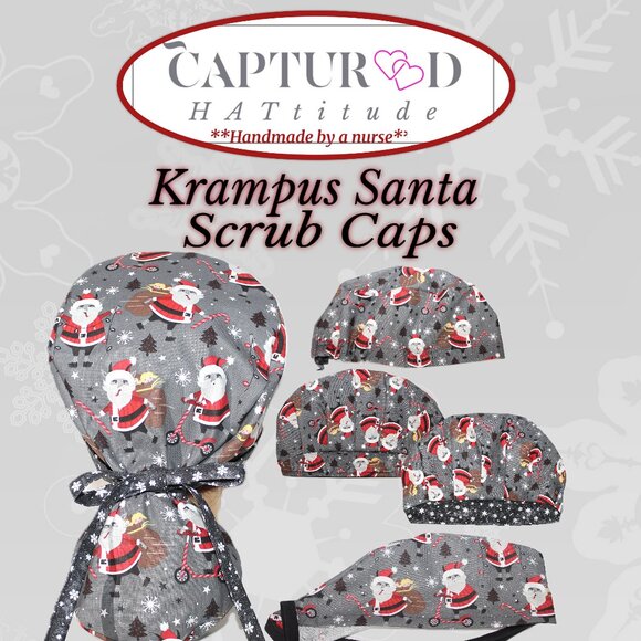 Mens Krampus Santa Christmas Tie Back Scrub Cap * Handmade - Picture 1 of 9